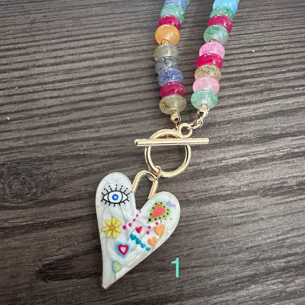 Colorful Beaded Lucky Heart Charm Necklace | Evil Eye | Boho Festival Jewelry - Picture 4 of 9